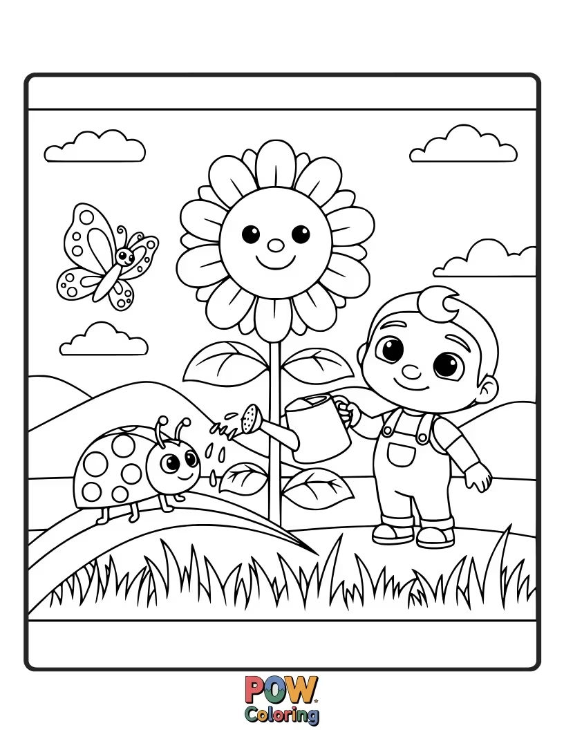 Free coloring page of JJ is helping in the garden. Color the flowers, watering can, and JJ tending to his little plants.