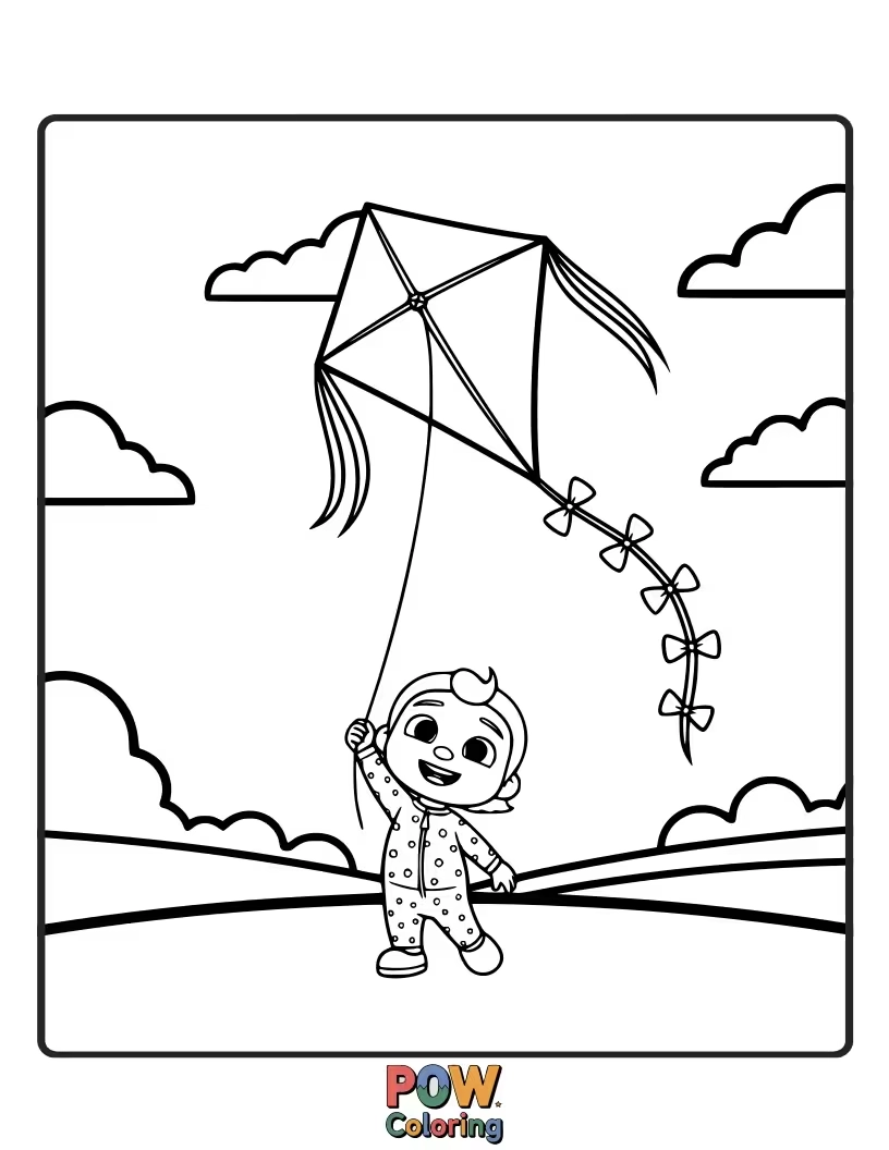 Free coloring page of JJ is flying a colorful kite in the sky. Color the wind, the kite, and JJ's joyful face.