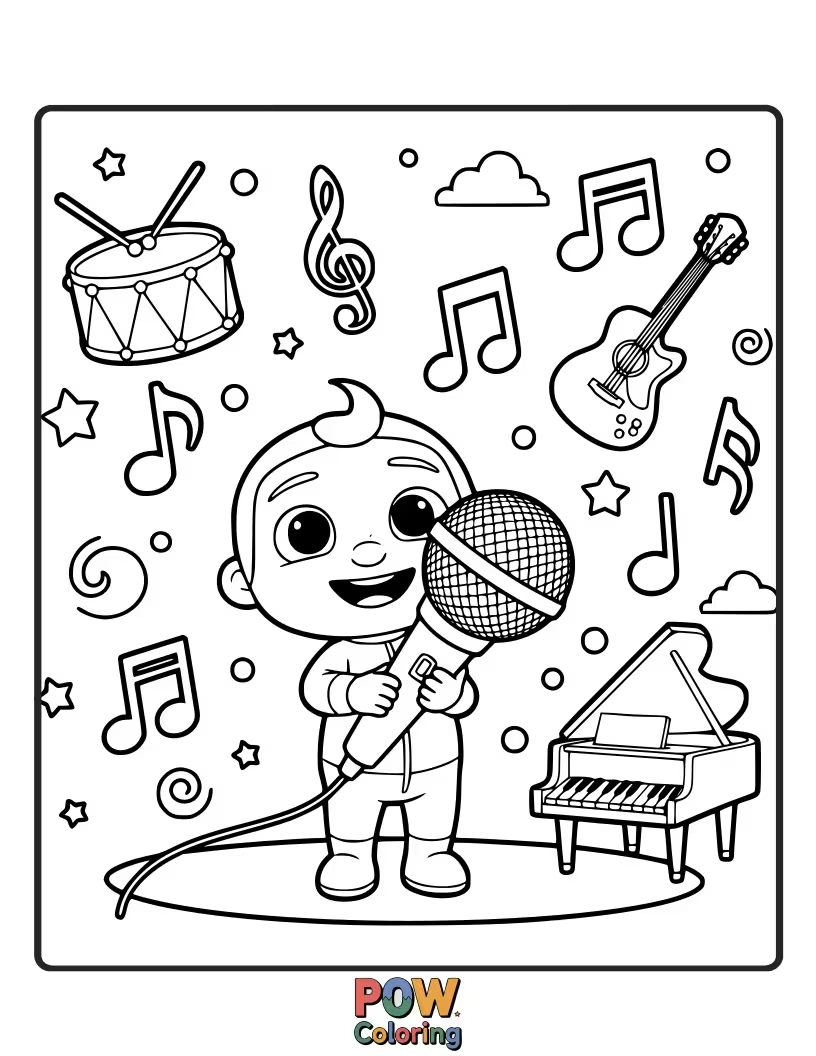 Free coloring page of JJ loves to sing and play music. Color his guitar and drum set as he performs his favorite Cocomelon song.