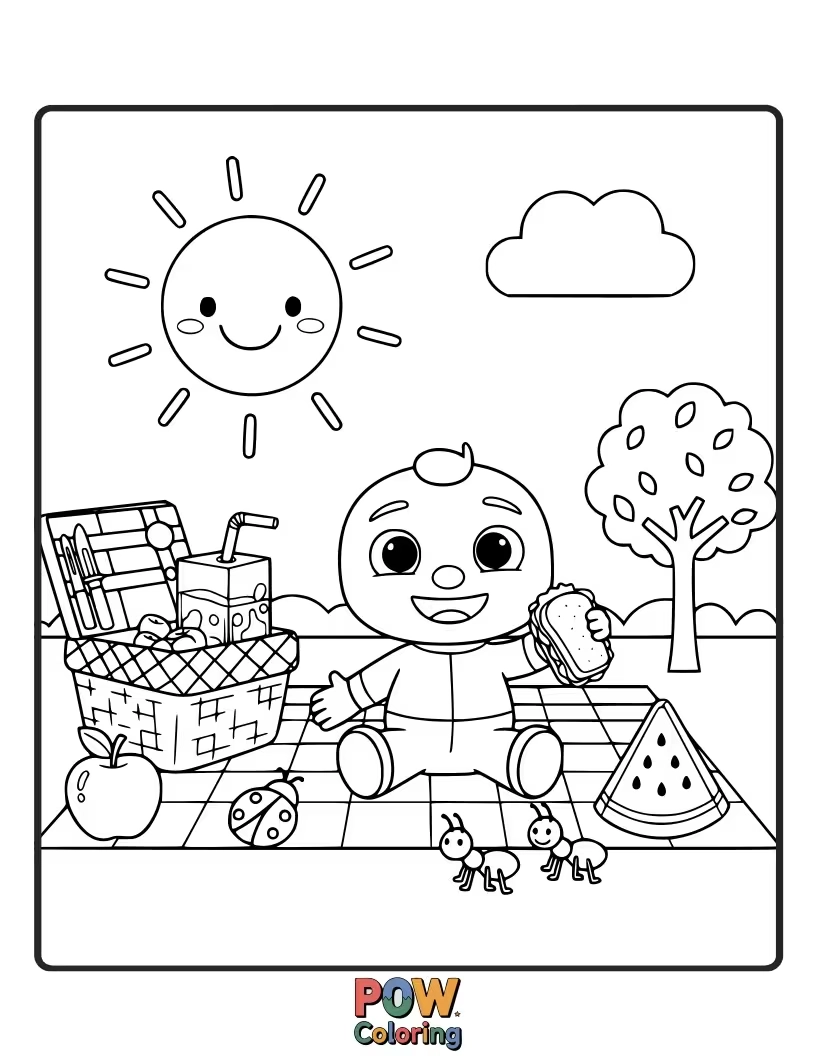 Free coloring page of JJ is having a sunny picnic! Color the checkered blanket, delicious food, and JJ enjoying the outdoors.