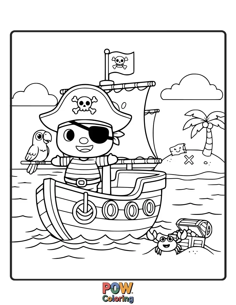 Free coloring page of Ahoy, matey! JJ is a pirate searching for treasure. Color his pirate hat, map, and buried treasure.