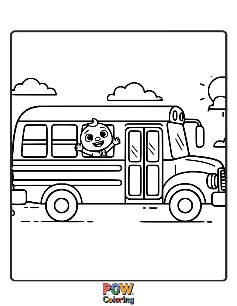 Free coloring page of All aboard the Cocomelon school bus! Color JJ as he heads off to learn and play with his friends.
