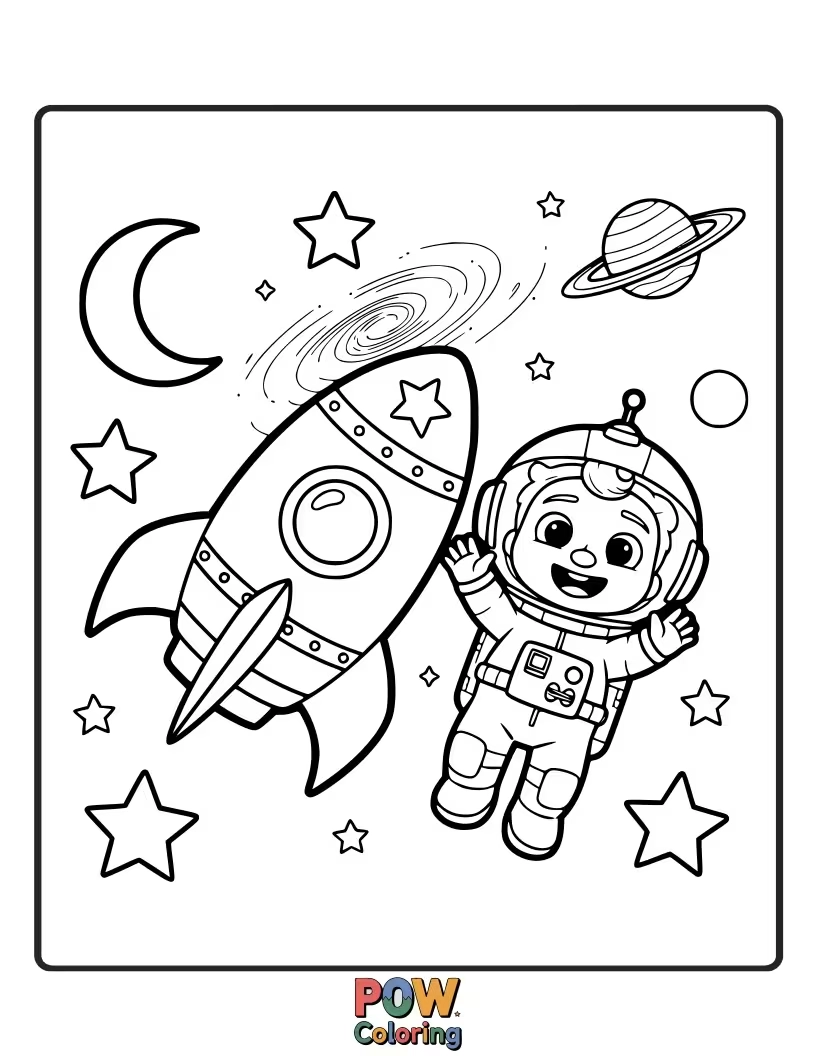 Free coloring page of Blast off to space with JJ! Color his rocket ship, stars, and JJ exploring the galaxy.