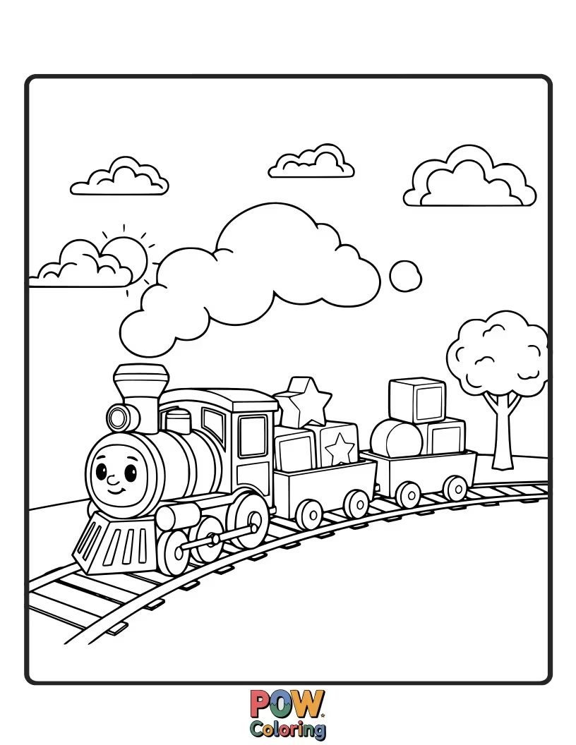 Free coloring page of Choo-choo! JJ is playing with his favorite toy train. Color the train tracks, carriages, and JJ's excitement.
