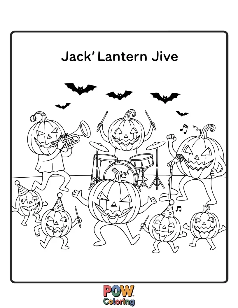 Free coloring page of A group of smiling jack-o'-lanterns are doing a lively dance, their lights twinkling.