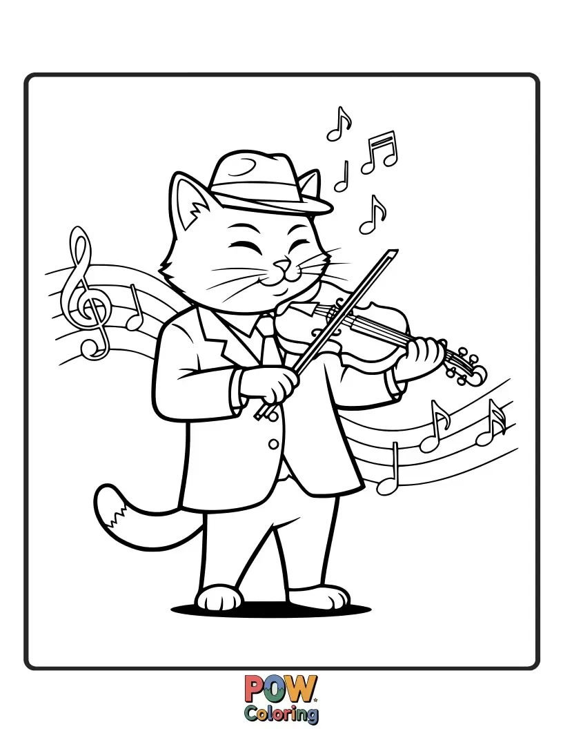 Free coloring page of A cool cat wearing sunglasses plays a jazzy tune on a violin with a fedora.