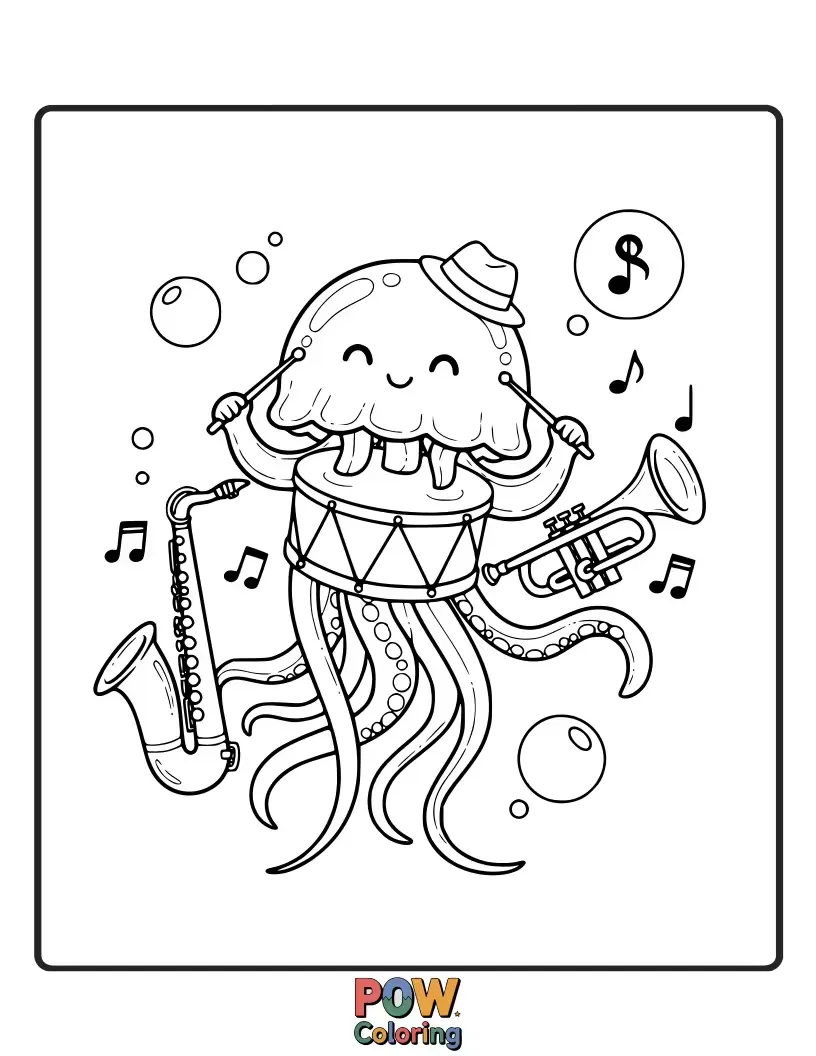 Free coloring page of A graceful jellyfish playing a saxophone underwater, surrounded by bubbles and tiny fish. Elegant, funny, and aquatic.