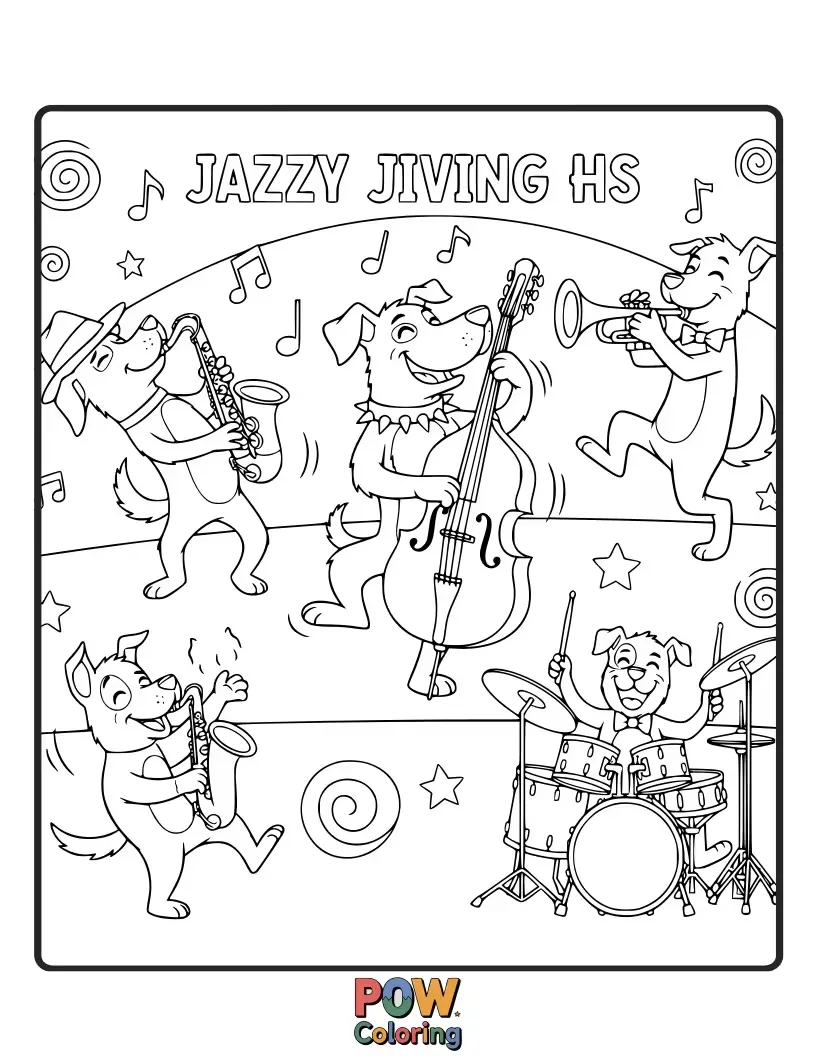 Free coloring page of Energetic dogs grooving to the music, complete with tiny fedoras and saxophones, capturing the lively spirit of a jazz club.