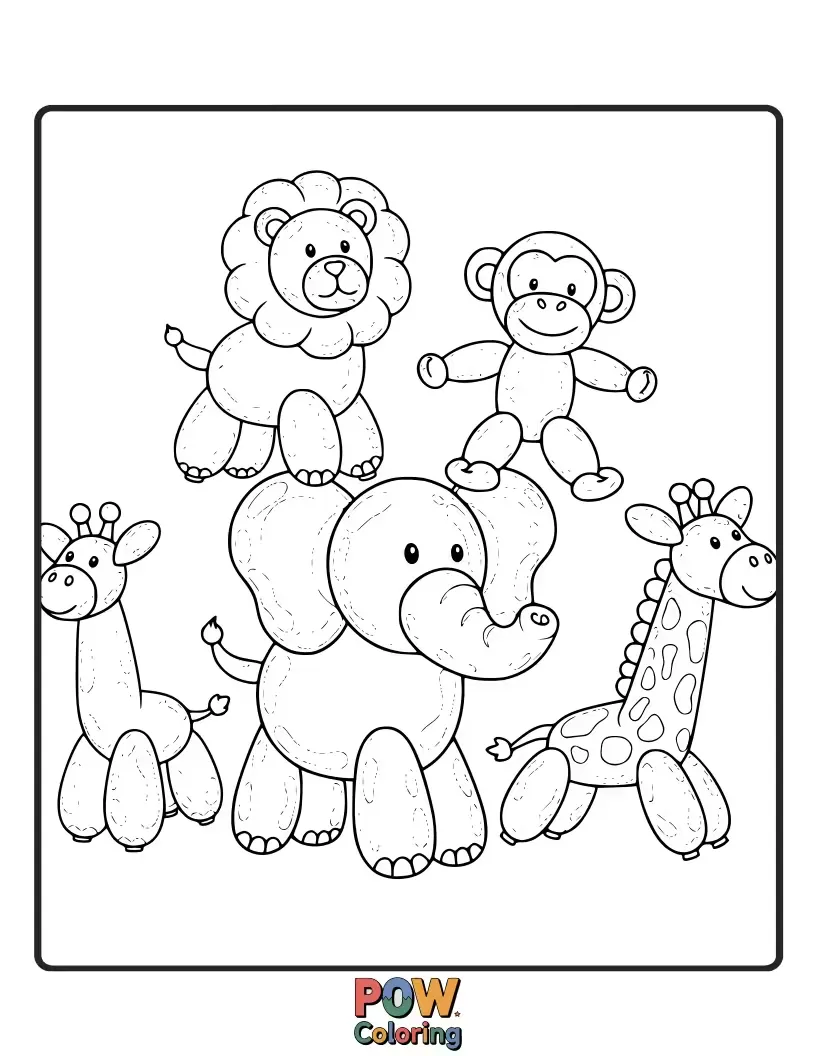 Free coloring page of A menagerie of playful animals, expertly twisted from translucent, colorful jelly.