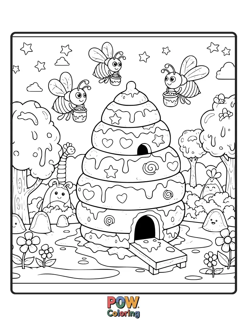 Free coloring page of A sweet beehive with hexagonal jelly cells and happy jelly bees buzzing around nectar-filled jelly flowers.