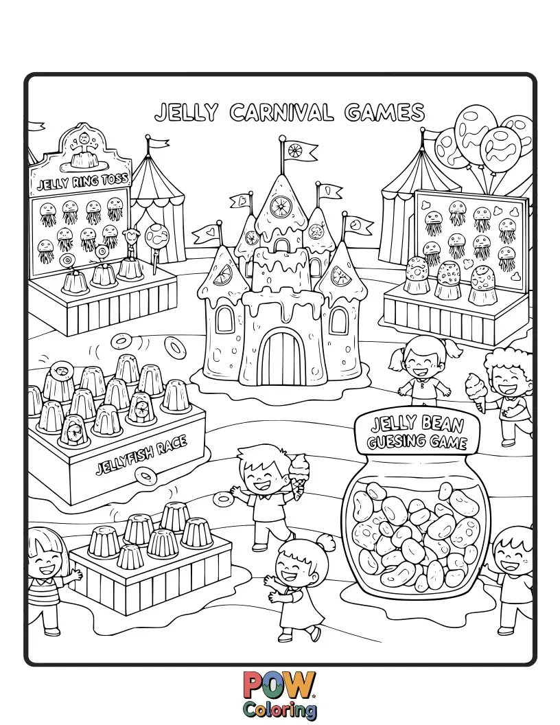 Free coloring page of Classic carnival games like ring toss and whack-a-mole, all imaginatively created from bouncy, colorful jelly.
