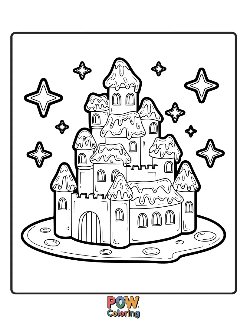 Free coloring page of A magnificent castle built from glistening jelly, with turrets and walls that shimmer.