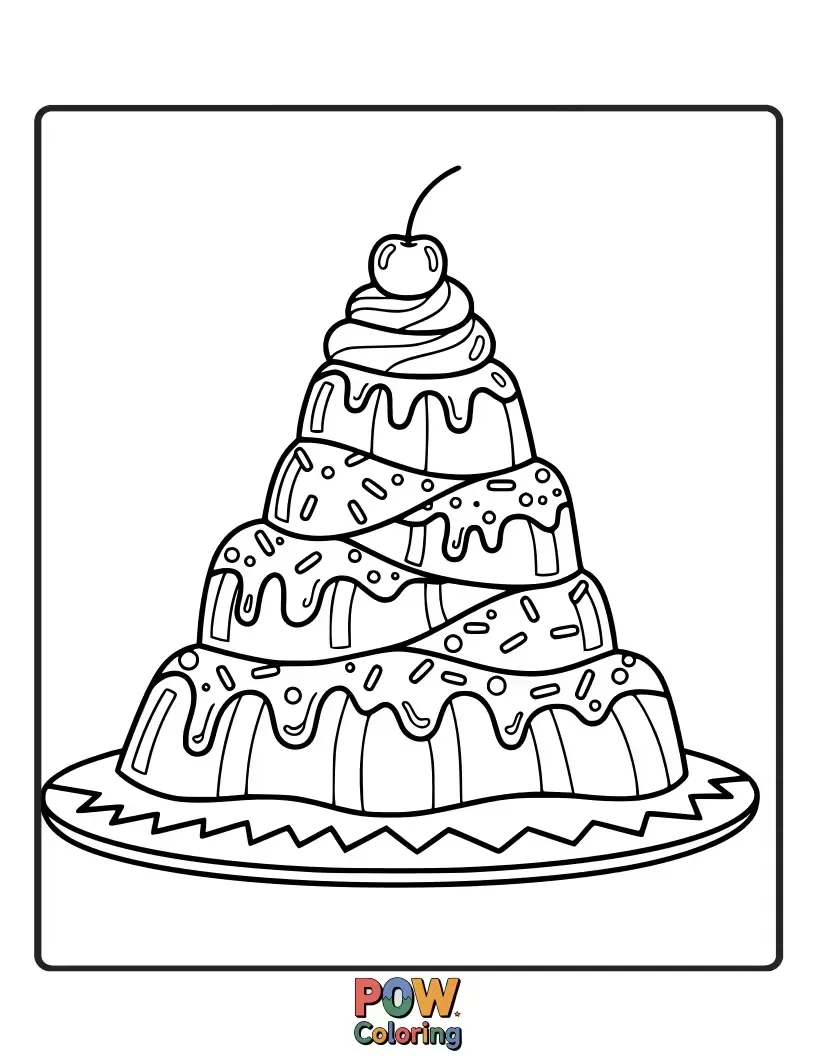 Free coloring page of A majestic mountain range crafted from layered jelly desserts, with rivers of chocolate and whipped cream.