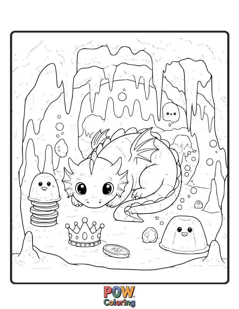Free coloring page of A friendly jelly dragon guarding a cave filled with sparkling jelly gems.