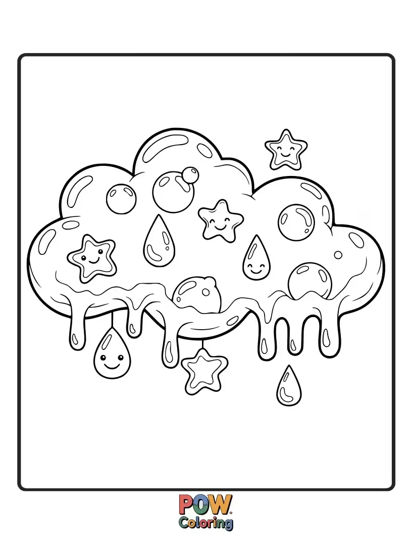 Free coloring page of Drift on a fluffy cloud made of jiggly jelly, with playful sprinkles and a rainbow arch.