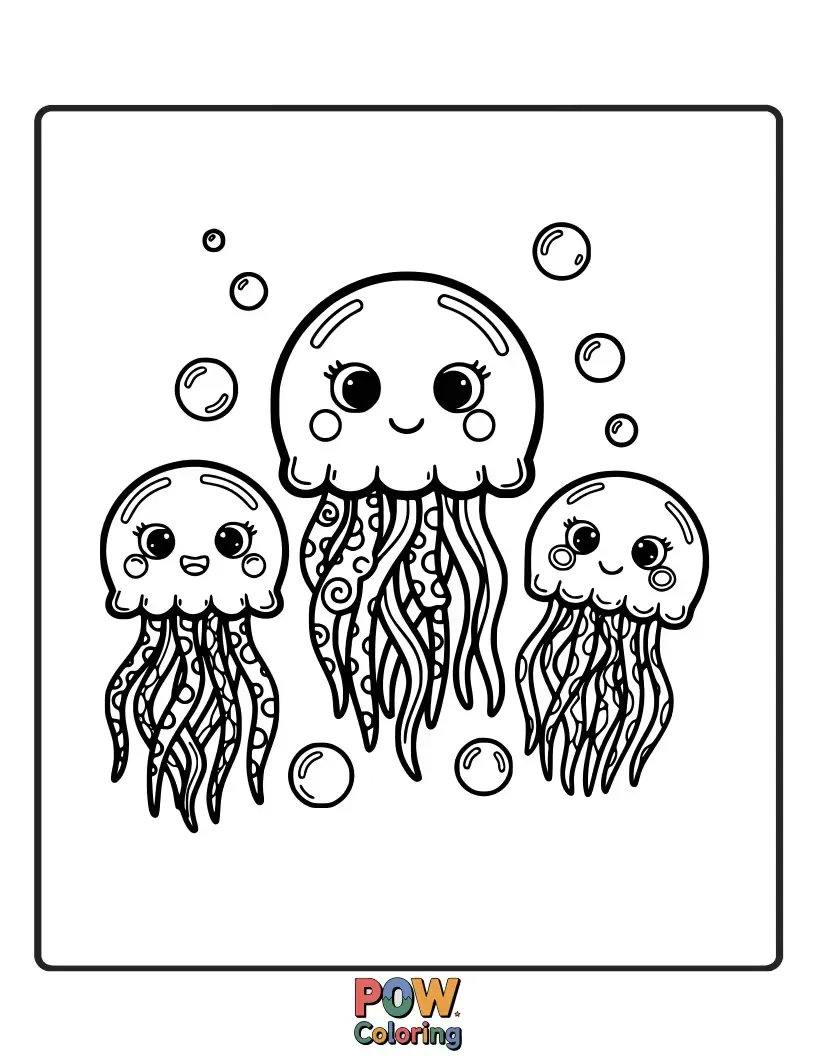 Free coloring page of Meet a school of adorable jelly fish swimming in a coral reef, each with a unique jelly texture.
