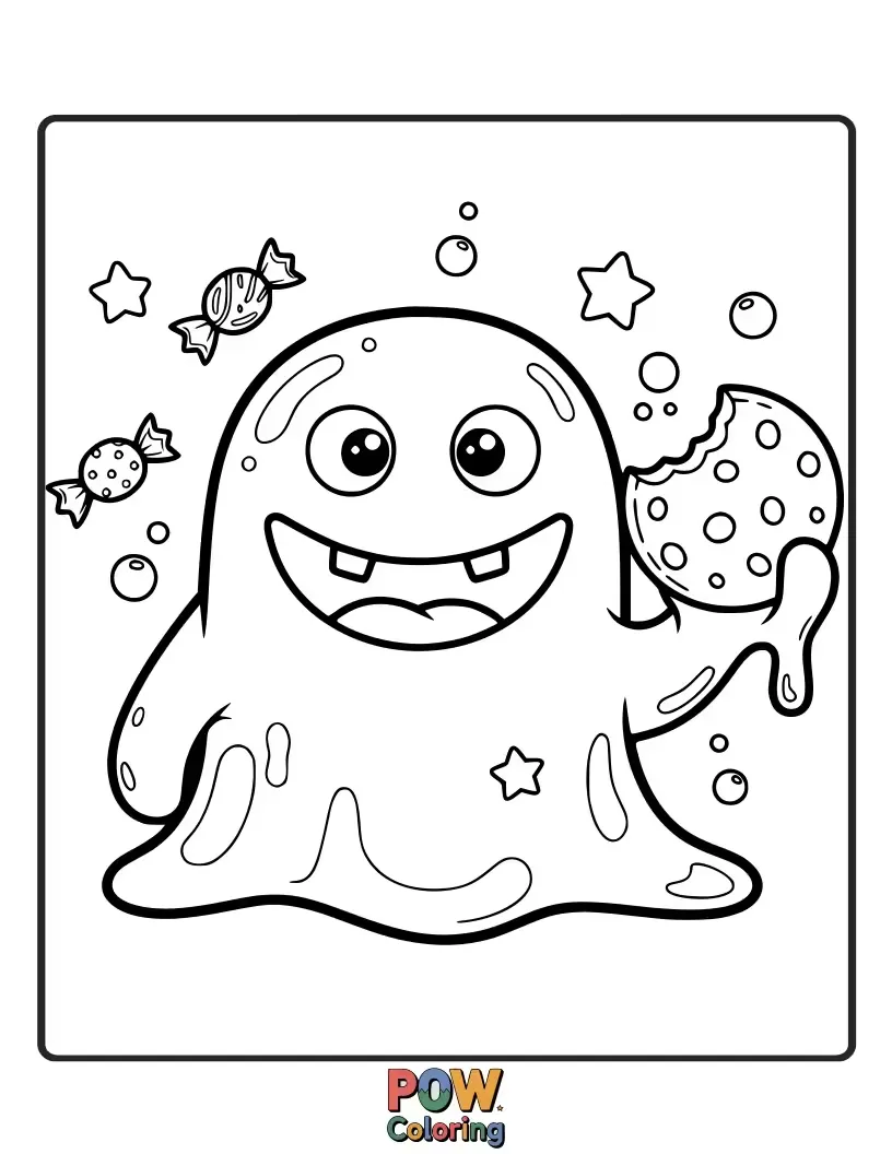 Free coloring page of A friendly, googly-eyed jelly monster is happily munching on a giant jelly donut.