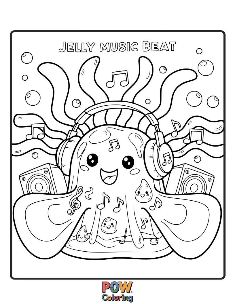 Free coloring page of Jelly notes dance around musical instruments shaped from vibrant, translucent jelly.
