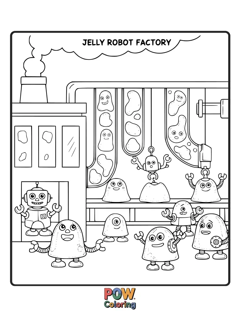 Free coloring page of Cute, half-finished jelly robots on an assembly line, being put together with sugary conveyor belts.
