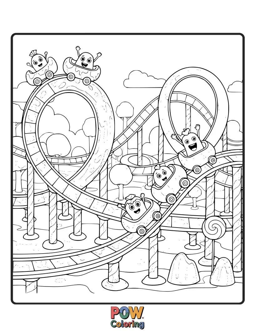 Free coloring page of A thrilling roller coaster made of colorful jelly, with cars that wobble and bounce.