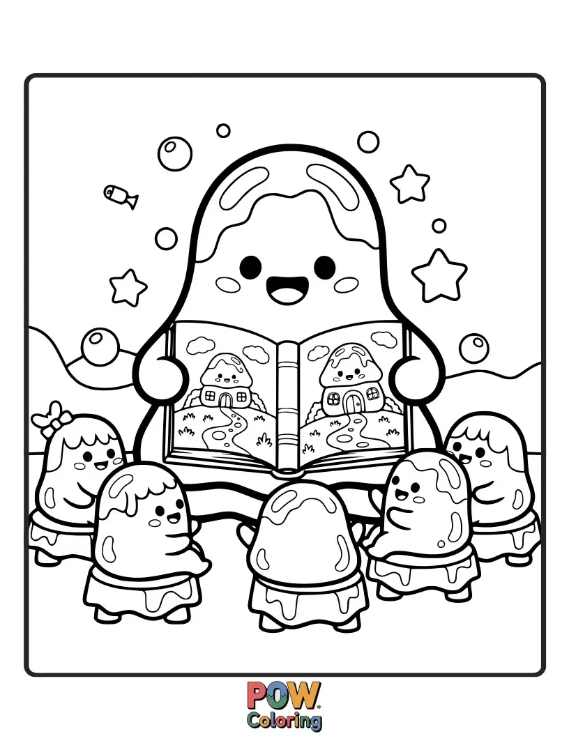 Free coloring page of A page from a fairytale book, with characters and scenery rendered in vibrant, jiggly jelly.