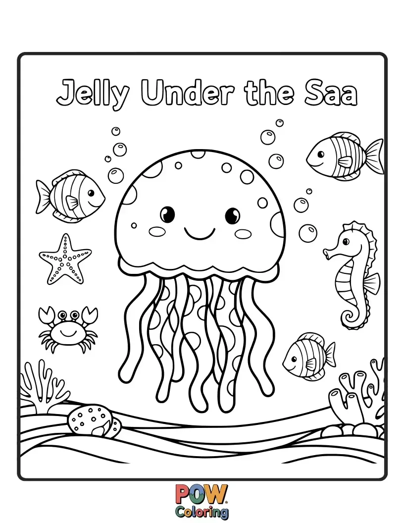 Free coloring page of A magical underwater scene with mermaids and sea creatures made of shimmering, colorful jelly.