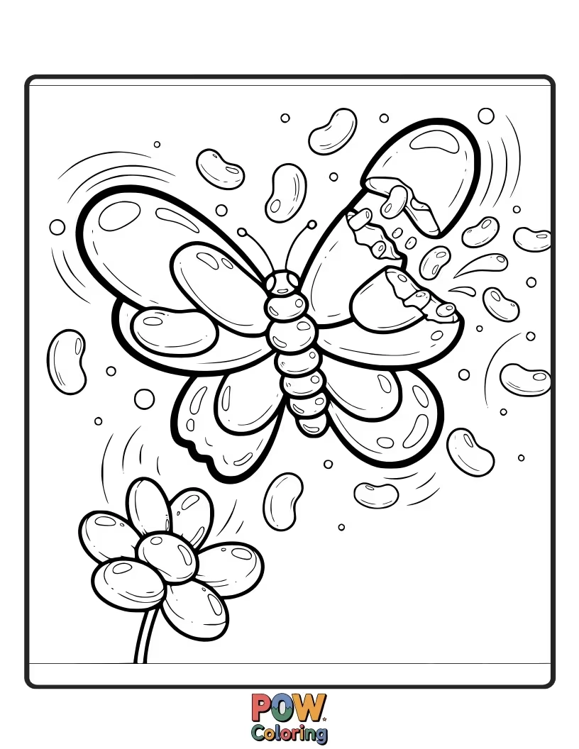 Free coloring page of A playful butterfly with vibrant, jellybean-patterned wings, popping out of a colorful candy jar. Sweet fun!