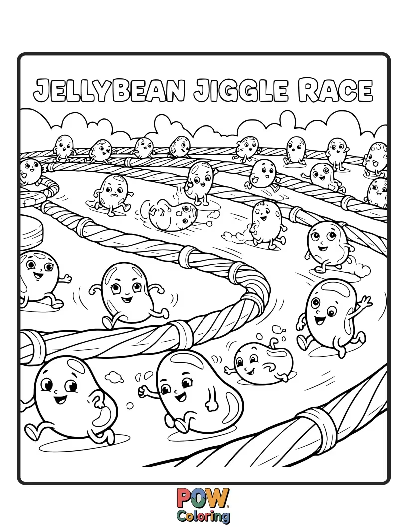 Free coloring page of Jellybeans of all colors are wobbling and jiggling their way across a finish line in a sweet race.
