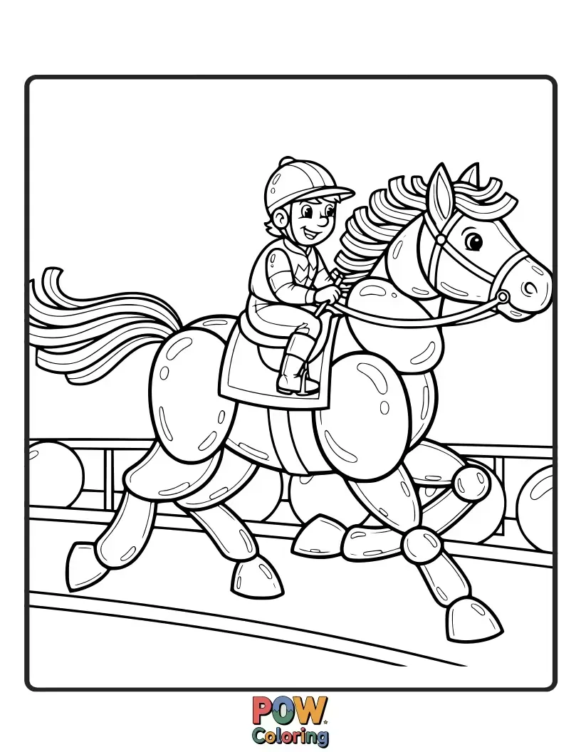 Free coloring page of A horse made of colorful jellybeans, with a tiny rider made of a licorice whip.