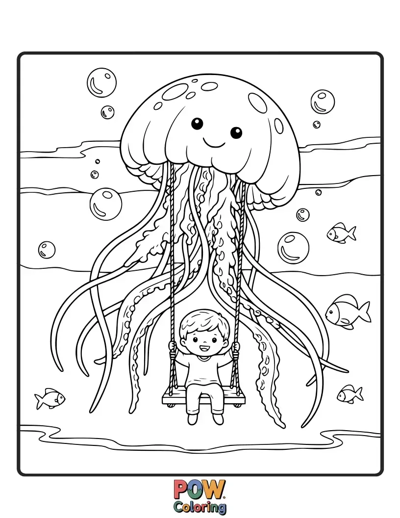 Free coloring page of A graceful jellyfish drifts and swings gently in the deep blue ocean, illuminated by bioluminescent plankton.