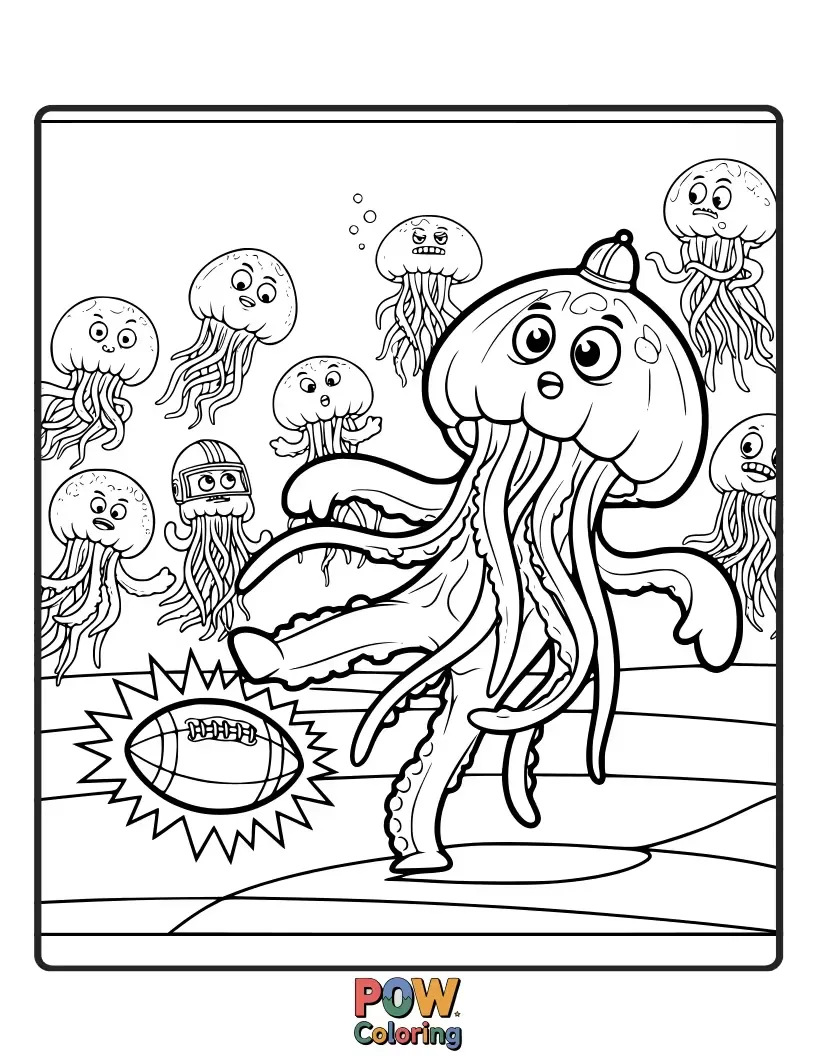 Free coloring page of A bioluminescent jellyfish gracefully floating with a football, glowing softly in the deep sea. Ethereal and beautiful.