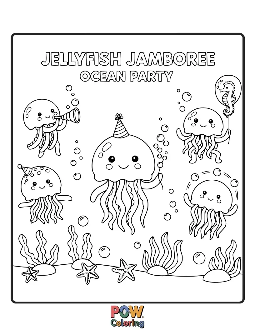 Free coloring page of A group of glowing jellyfish swaying rhythmically to imaginary music. A vibrant, bioluminescent underwater celebration.