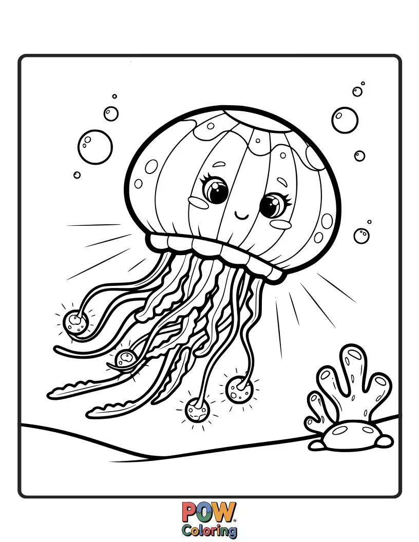 Free coloring page of Bioluminescent jellyfish with glowing patterns drift through the dark ocean, creating a magical, lantern-like effect.