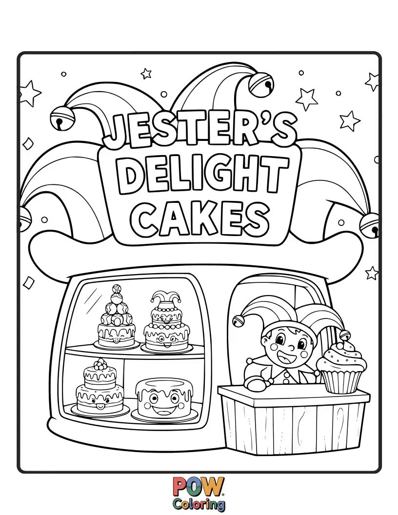 Free coloring page of Fun and colorful jester-hat cakes with bells and silly patterns for a festive mood.