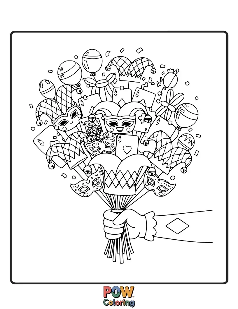 Free coloring page of A playful bouquet of colorful, jester-themed flowers and whimsical shapes.