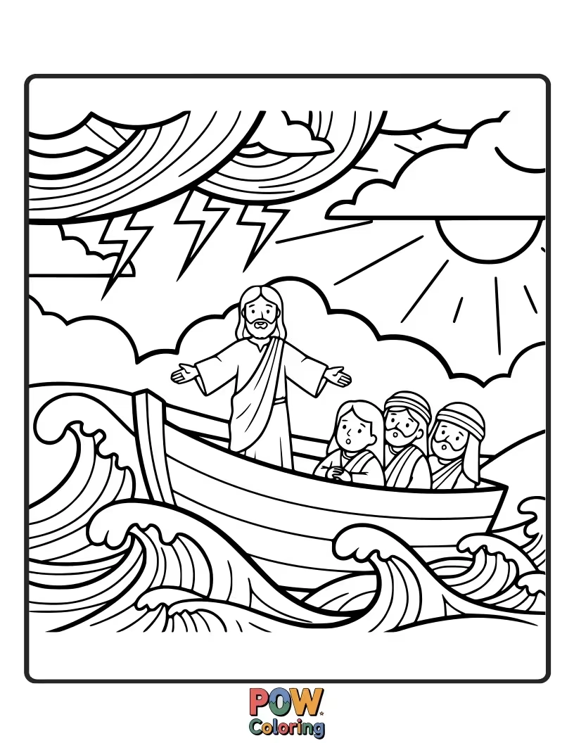 Free coloring page of Depict Jesus calming a raging storm on the Sea of Galilee, demonstrating His power to bring peace and safety amidst life's troubles.