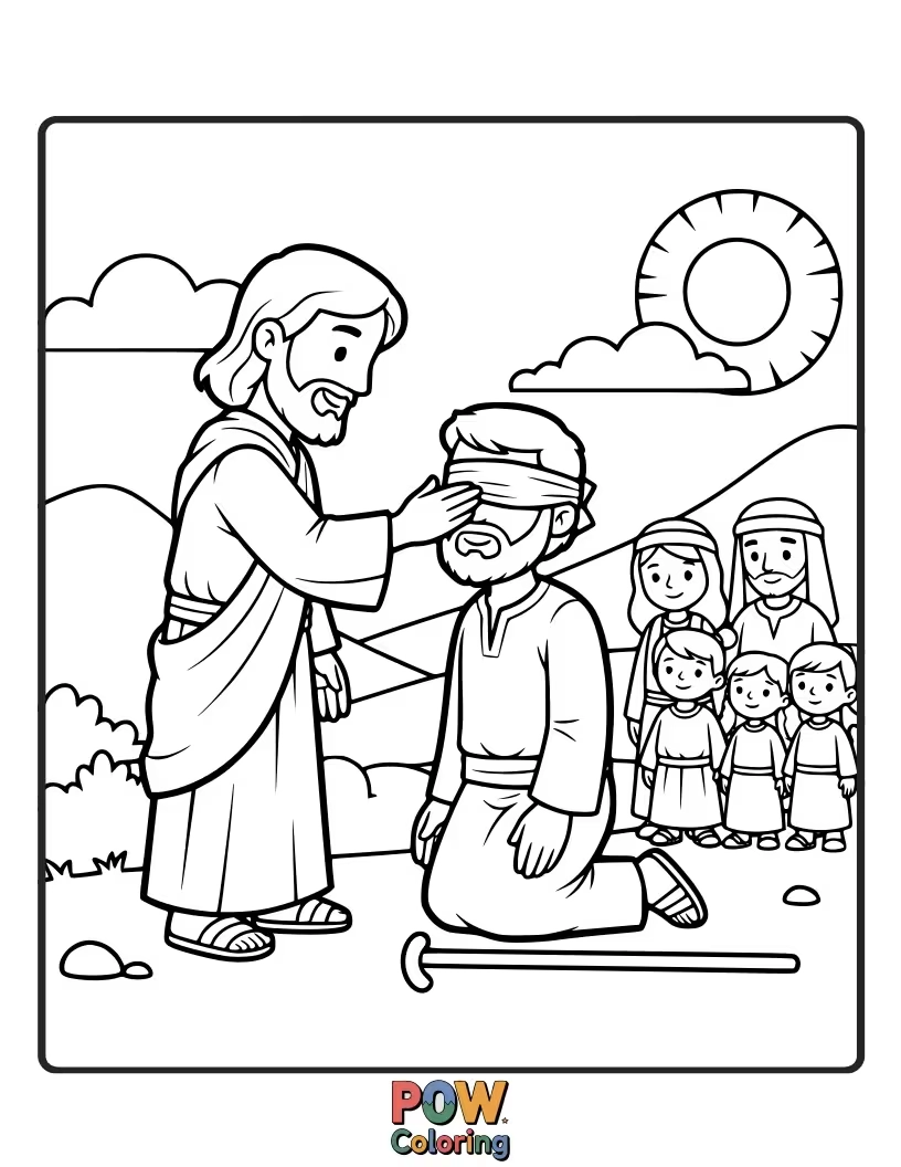 Free coloring page of Illustrate Jesus restoring sight to a blind man, symbolizing His ability to bring spiritual light and a new perspective to those who believe.