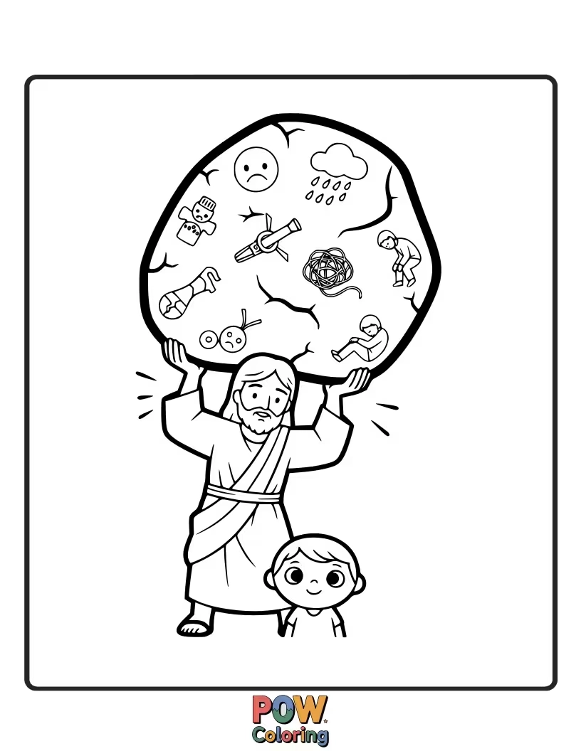 Free coloring page of Show Jesus offering His hand to help a person carrying a heavy load, representing His promise to lighten our burdens and give us rest.