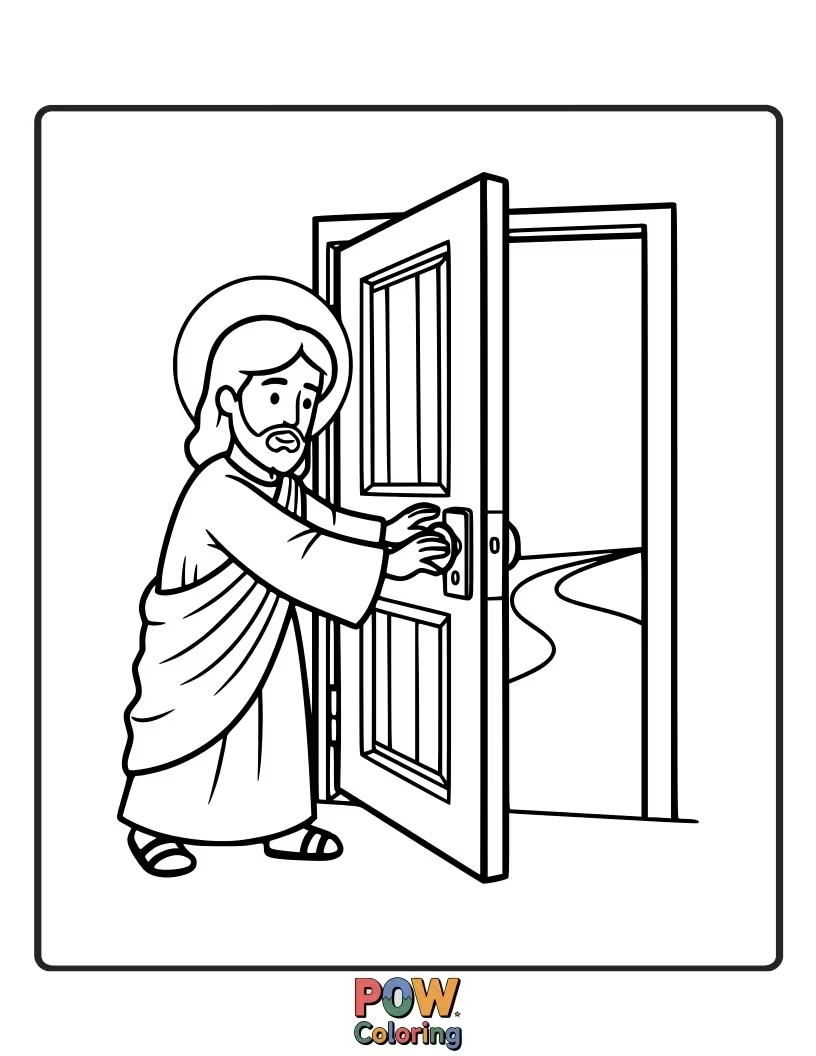 Free coloring page of Visualize Jesus standing at an open door, inviting people in, signifying His grace and the eternal salvation He offers to all who enter.
