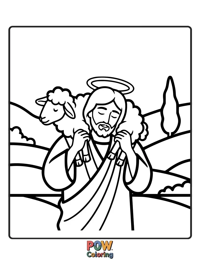 Free coloring page of Color Jesus gently carrying a lost lamb back to the flock, showing His loving care for the vulnerable and His mission to save.