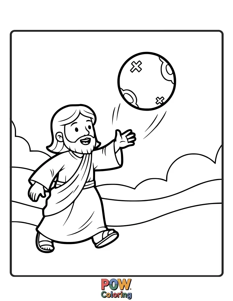 Free coloring page of Jesus is playing with a giant, brightly colored bouncing ball that’s almost as big as he is.