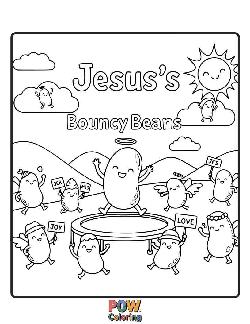Free coloring page of Jesus is playing a game of catch with a pile of large, bouncy beans that are leaping out of a basket.