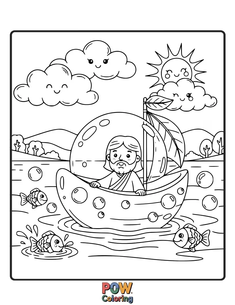 Free coloring page of Jesus is sailing on a giant bubble that’s acting like a boat, drifting across a calm, starry sea.