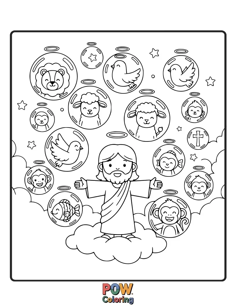 Free coloring page of Jesus is blowing enormous, iridescent bubbles that are shaped like friendly animals, and they're floating all around him.