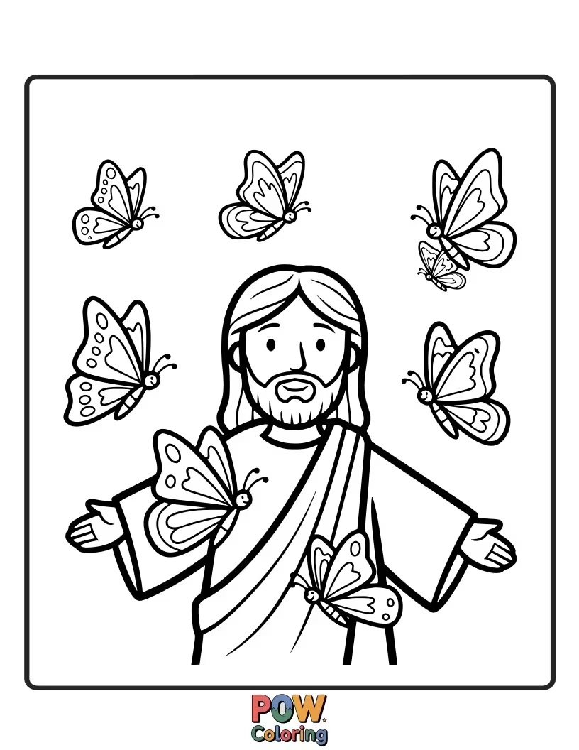 Free coloring page of Jesus is surrounded by a flutter of friendly, oversized butterflies that are landing gently on his outstretched hands.