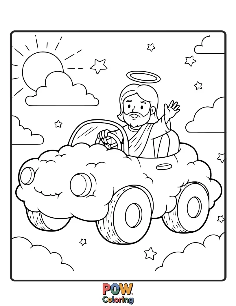 Free coloring page of Jesus is driving a cute, cloud-shaped car down a path made of fluffy cotton candy.