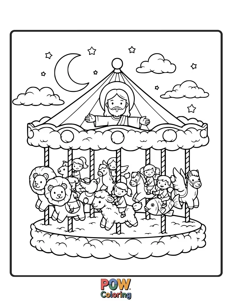 Free coloring page of Jesus is enjoying a ride on a carousel made of fluffy clouds, with friendly animal shapes.