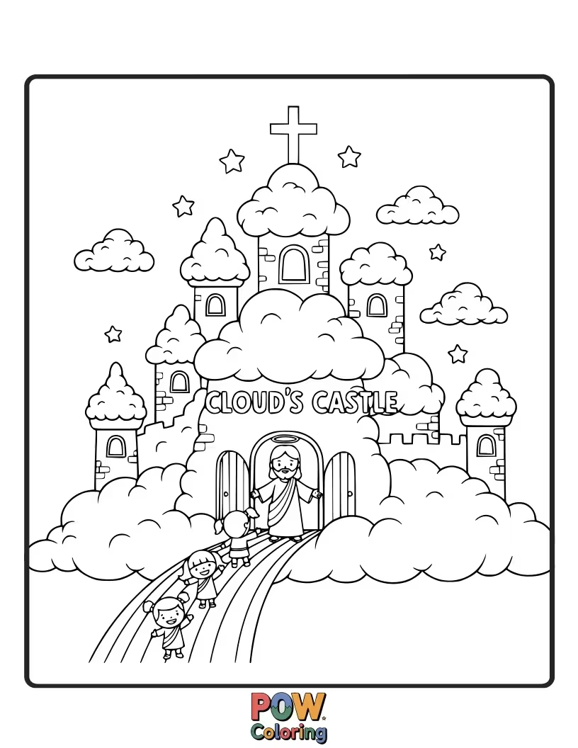 Free coloring page of Jesus is building an impressive, but slightly wobbly, castle out of fluffy white clouds, with a little bird delivering a tiny flag.