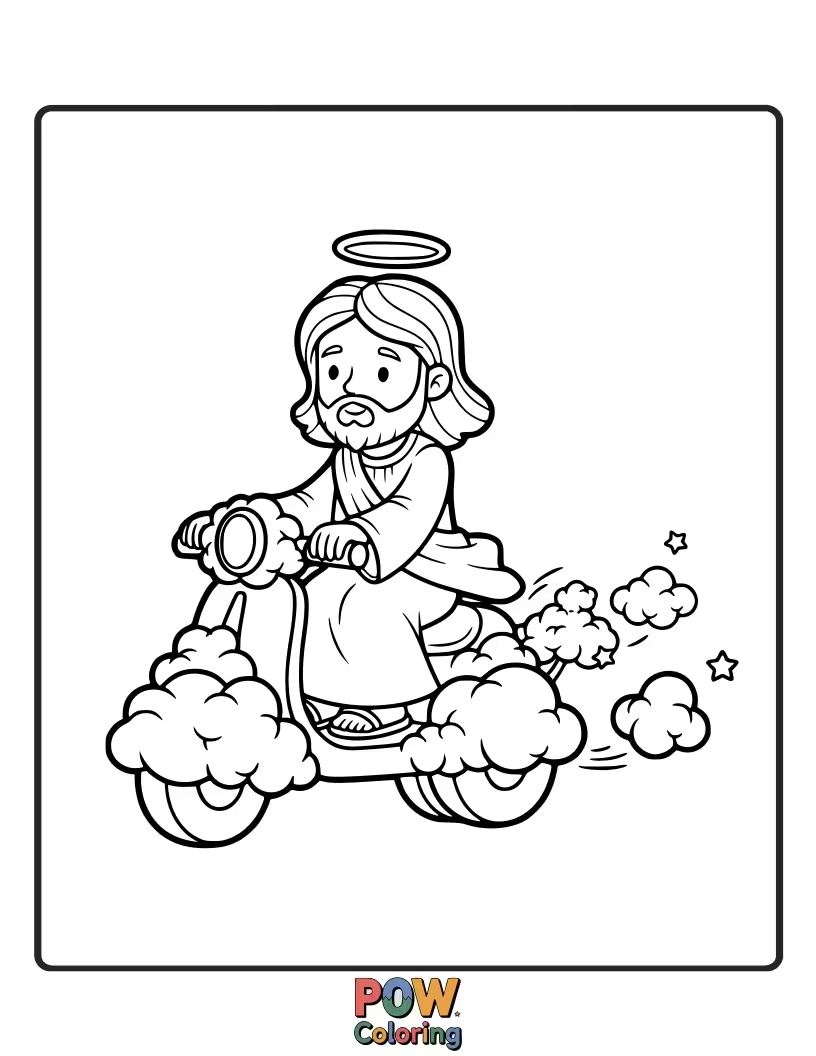 Free coloring page of Jesus is zooming around on a fluffy cloud that's acting like a scooter, with a happy grin on his face.