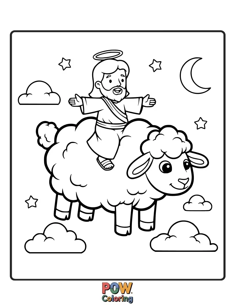 Free coloring page of Jesus is riding on the back of a fluffy cloud shaped like a gentle sheep, floating peacefully through the sky.